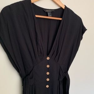 Sz Small | Black Midi Dress | Button + Tie Detail